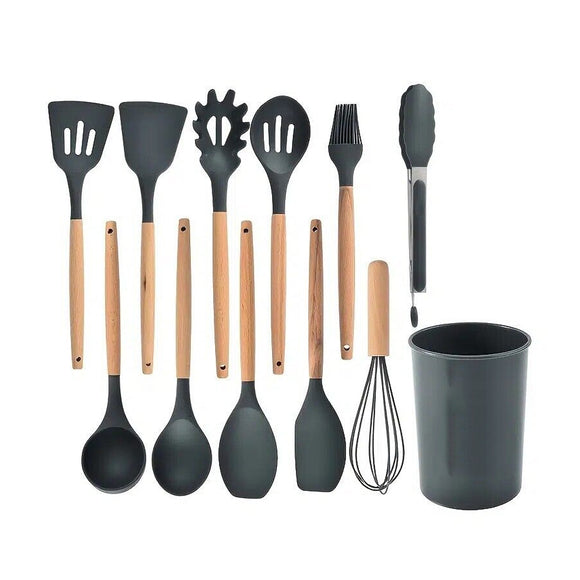 12PCS Silicone Utensils Set Wooden Cooking Kitchen Essentials_0